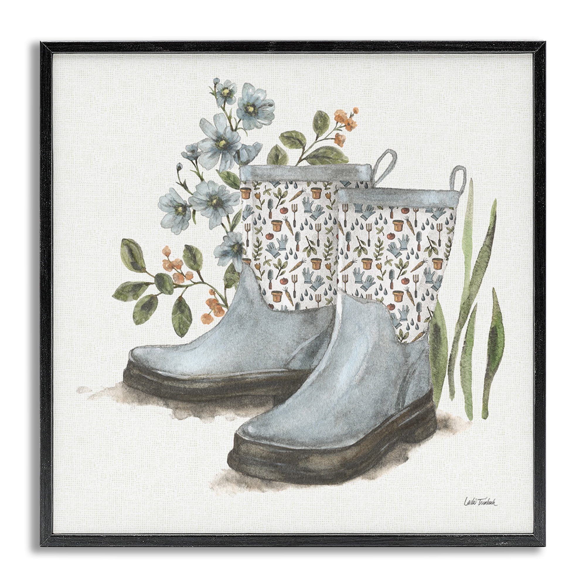 Stupell Industries Floral Gardening Boots Botanical & Floral Painting Gray Framed Art Print Wall Art, 17 x 17