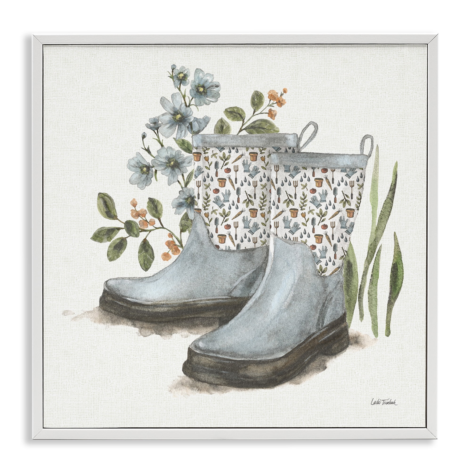 Stupell Industries Floral Gardening Boots Botanical & Floral Painting White Framed Art Print Wall Art, 17 x 17