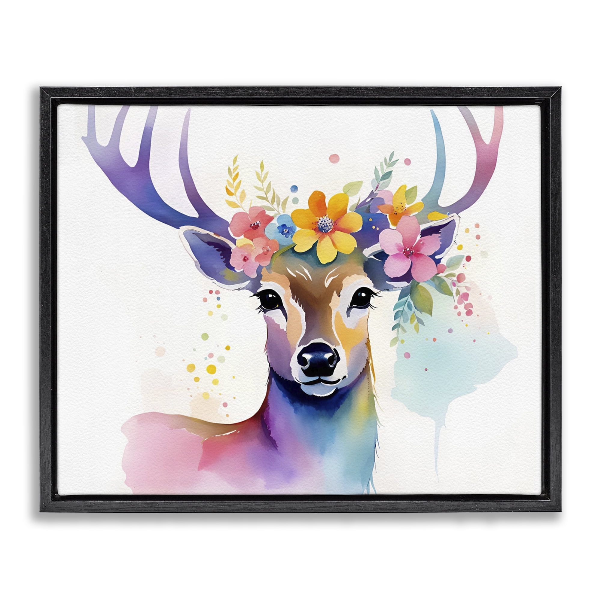 Stupell Industries Floral Garland Deer Animals & Insects Painting Black Floater Framed Canvas Art Print Wall Art, 31 x 25