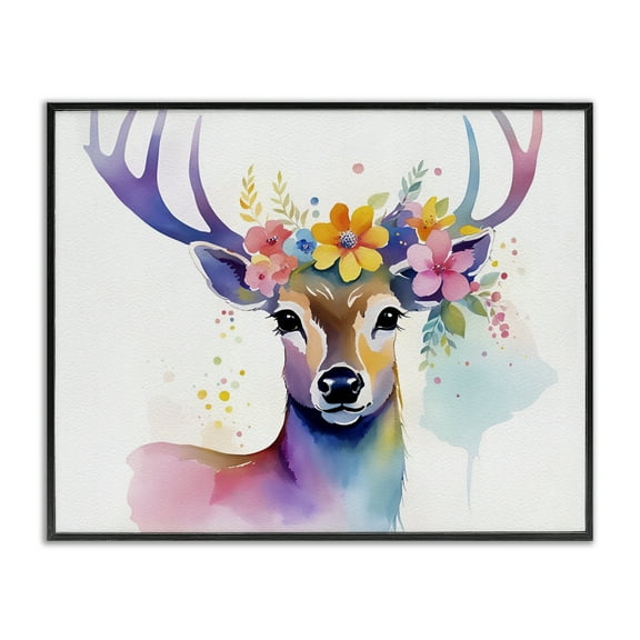Stupell Industries Floral Garland Deer Animals & Insects Painting Black Framed Art Print Wall Art, 14 x 11