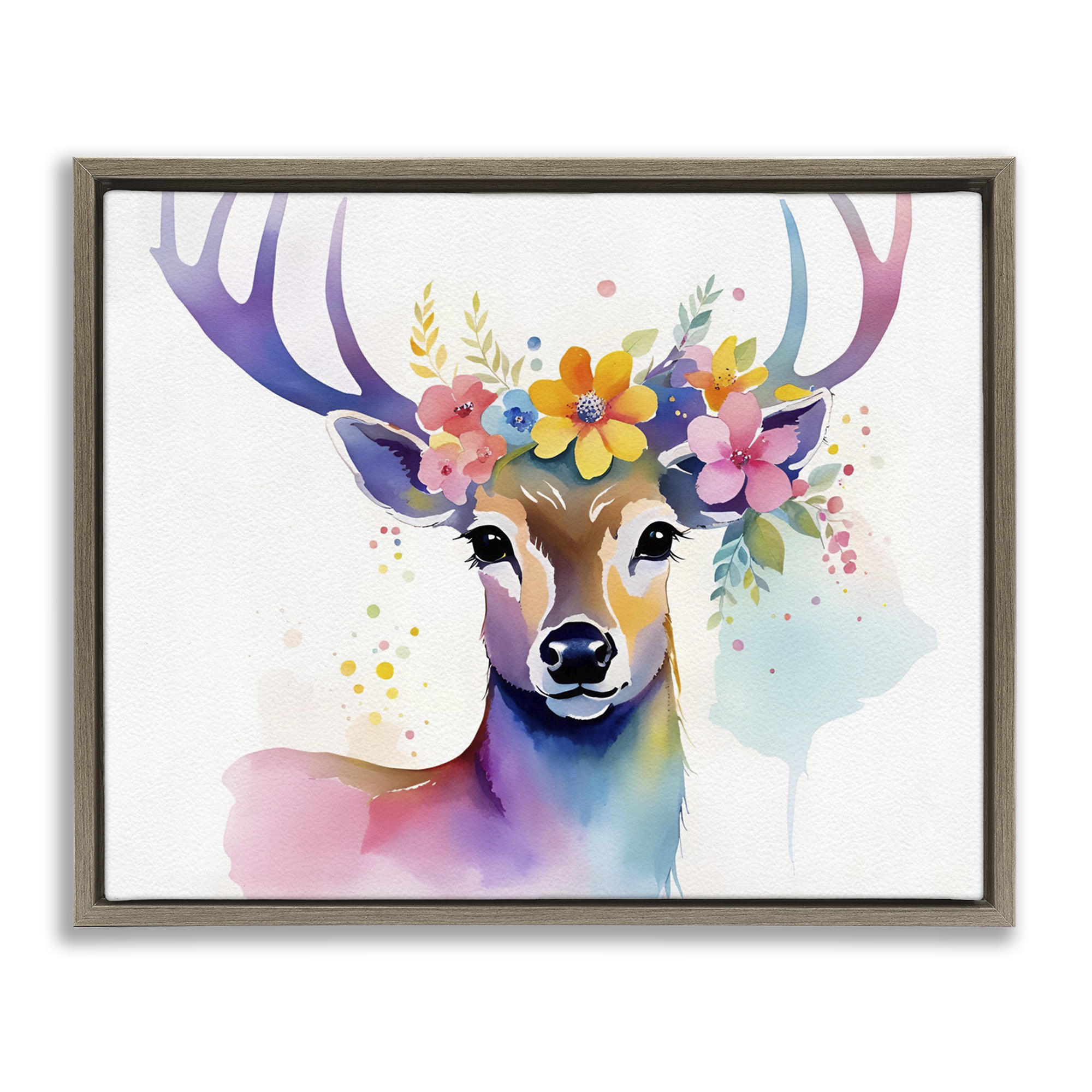 Stupell Industries Floral Garland Deer Animals & Insects Painting Brown Floater Framed Canvas Art Print Wall Art, 21 x 17