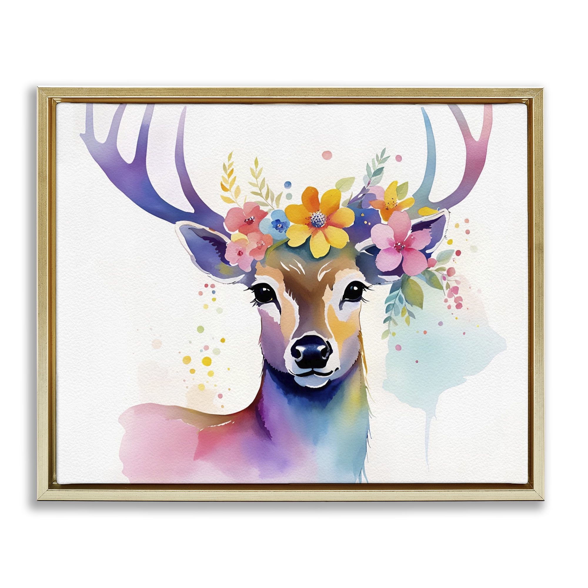 Stupell Industries Floral Garland Deer Animals & Insects Painting Gold Floater Framed Canvas Art Print Wall Art, 31 x 25
