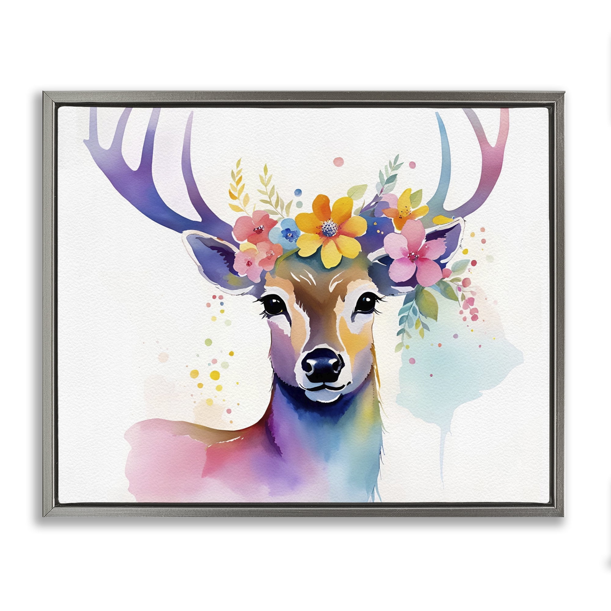 Stupell Industries Floral Garland Deer Animals & Insects Painting Gray Floater Framed Canvas Art Print Wall Art, 21 x 17