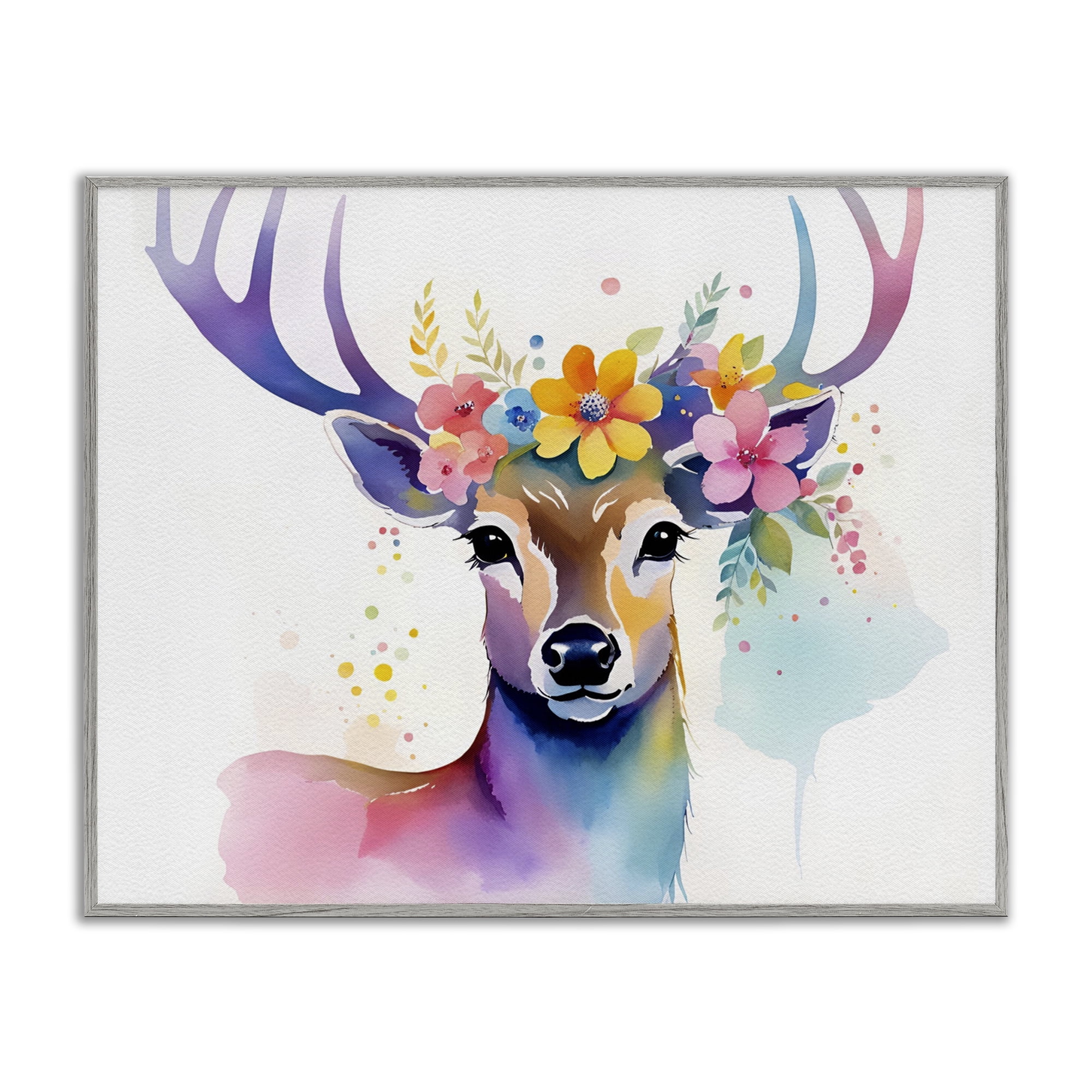 Stupell Industries Floral Garland Deer Animals & Insects Painting Gray Framed Art Print Wall Art, 20 x 16