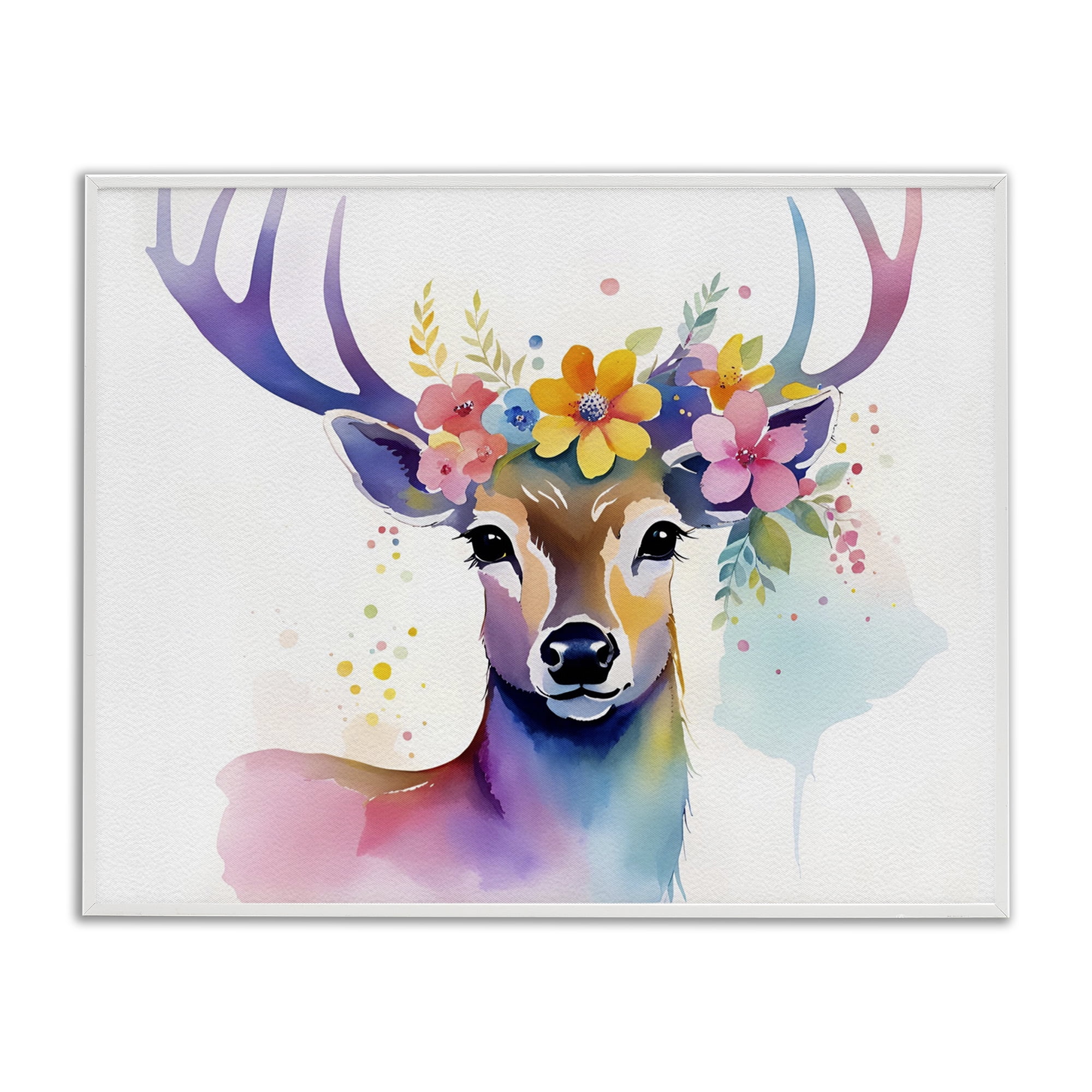 Stupell Industries Floral Garland Deer Animals & Insects Painting White Framed Art Print Wall Art, 20 x 16