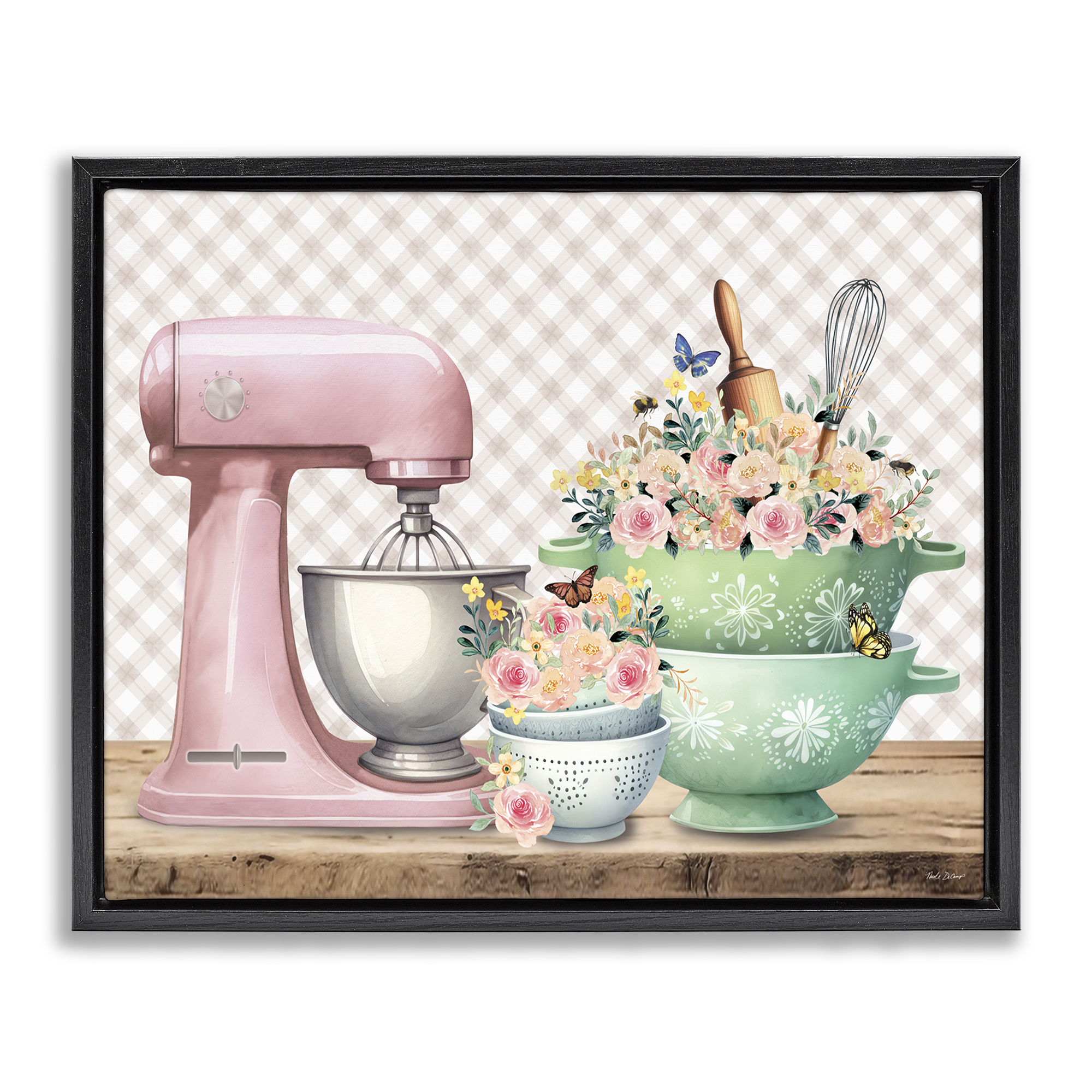 Stupell Industries Floral Gingham Kitchen Food & Beverage Painting Black Floater Framed Canvas Art Print Wall Art, 31 x 25