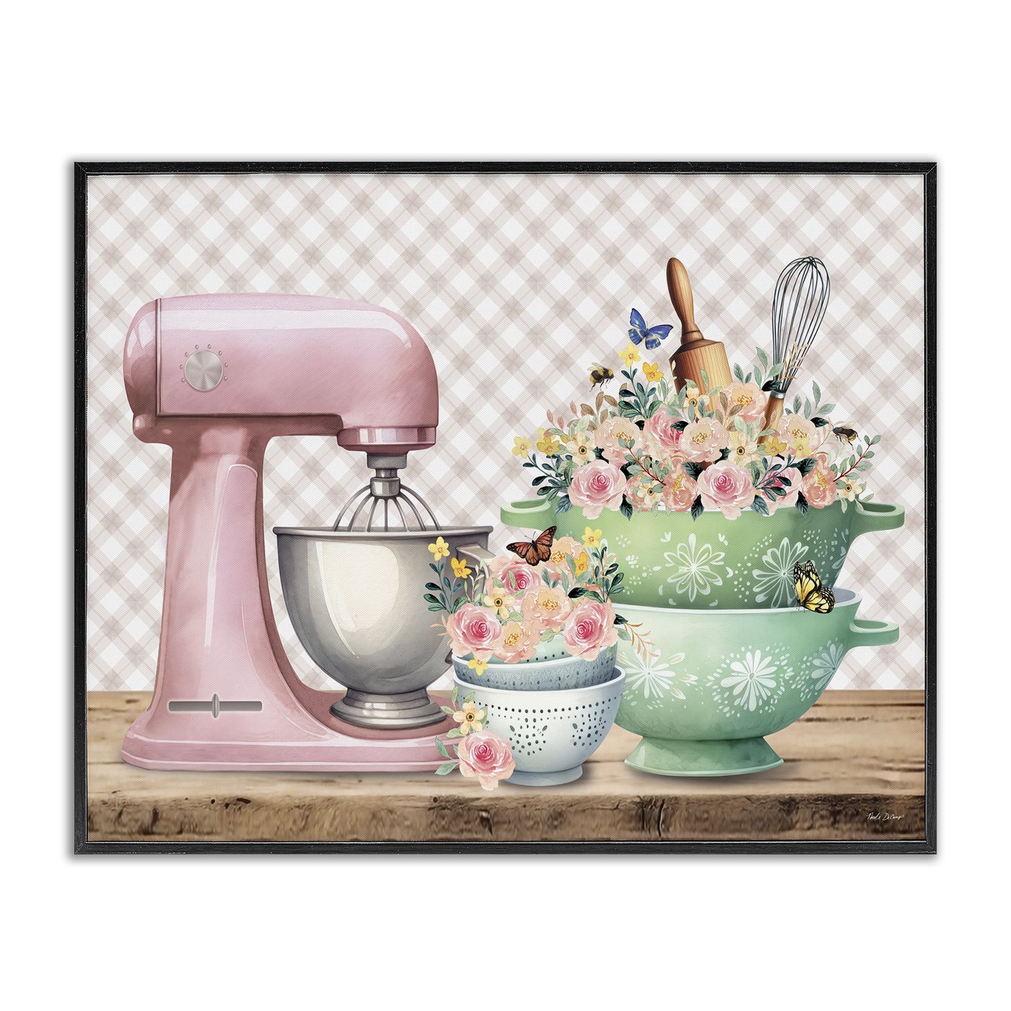 Stupell Industries Floral Gingham Kitchen Food & Beverage Painting Black Framed Art Print Wall Art, 20 x 16