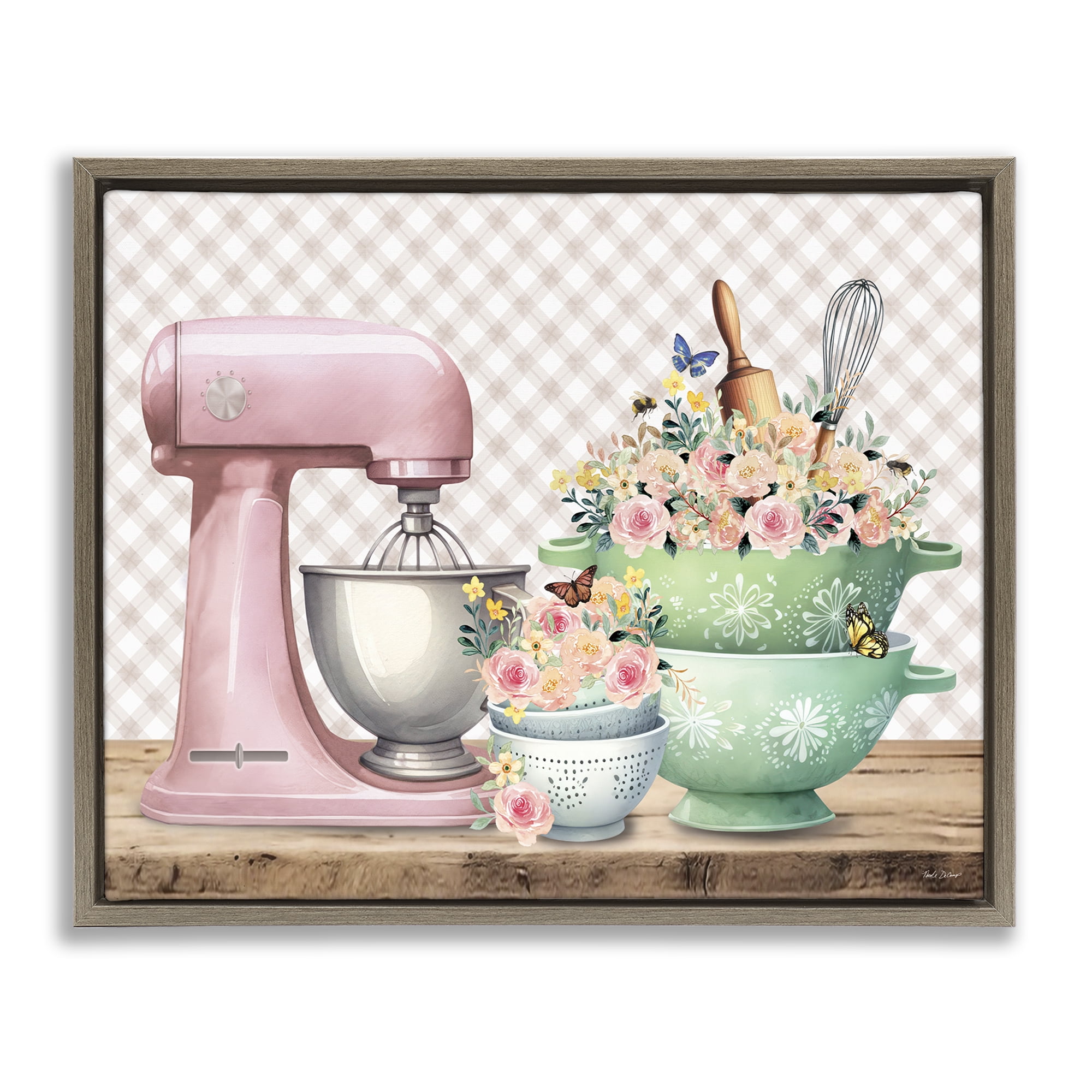 Stupell Industries Floral Gingham Kitchen Food & Beverage Painting Brown Floater Framed Canvas Art Print Wall Art, 21 x 17