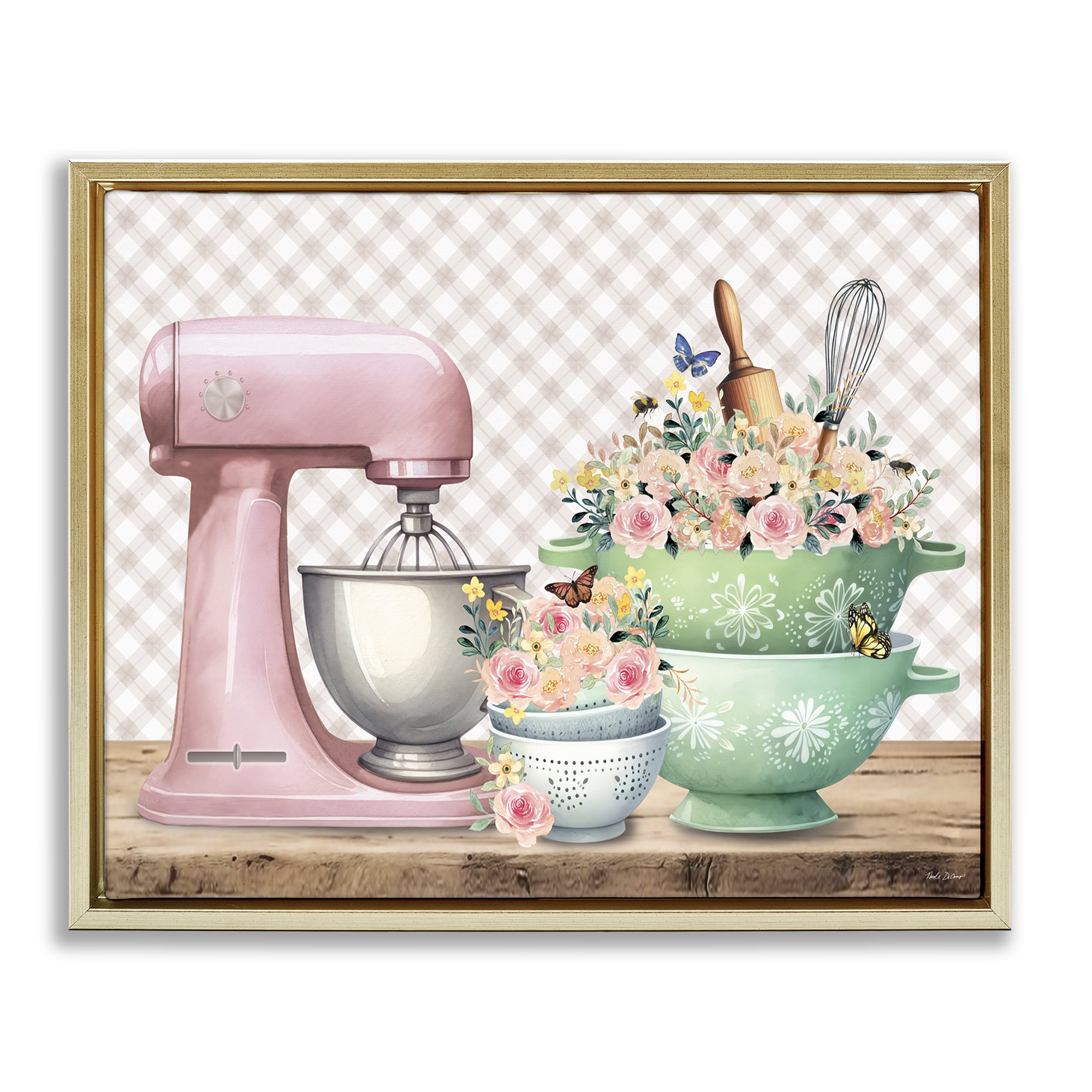 Stupell Industries Floral Gingham Kitchen Food & Beverage Painting Gold Floater Framed Canvas Art Print Wall Art, 31 x 25