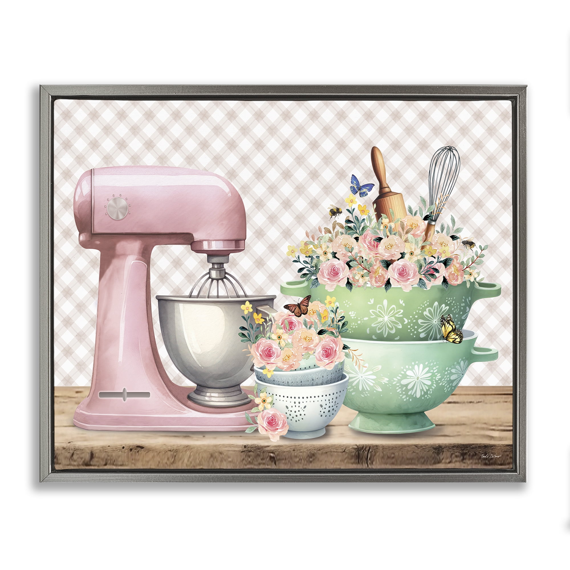 Stupell Industries Floral Gingham Kitchen Food & Beverage Painting Gray Floater Framed Canvas Art Print Wall Art, 21 x 17
