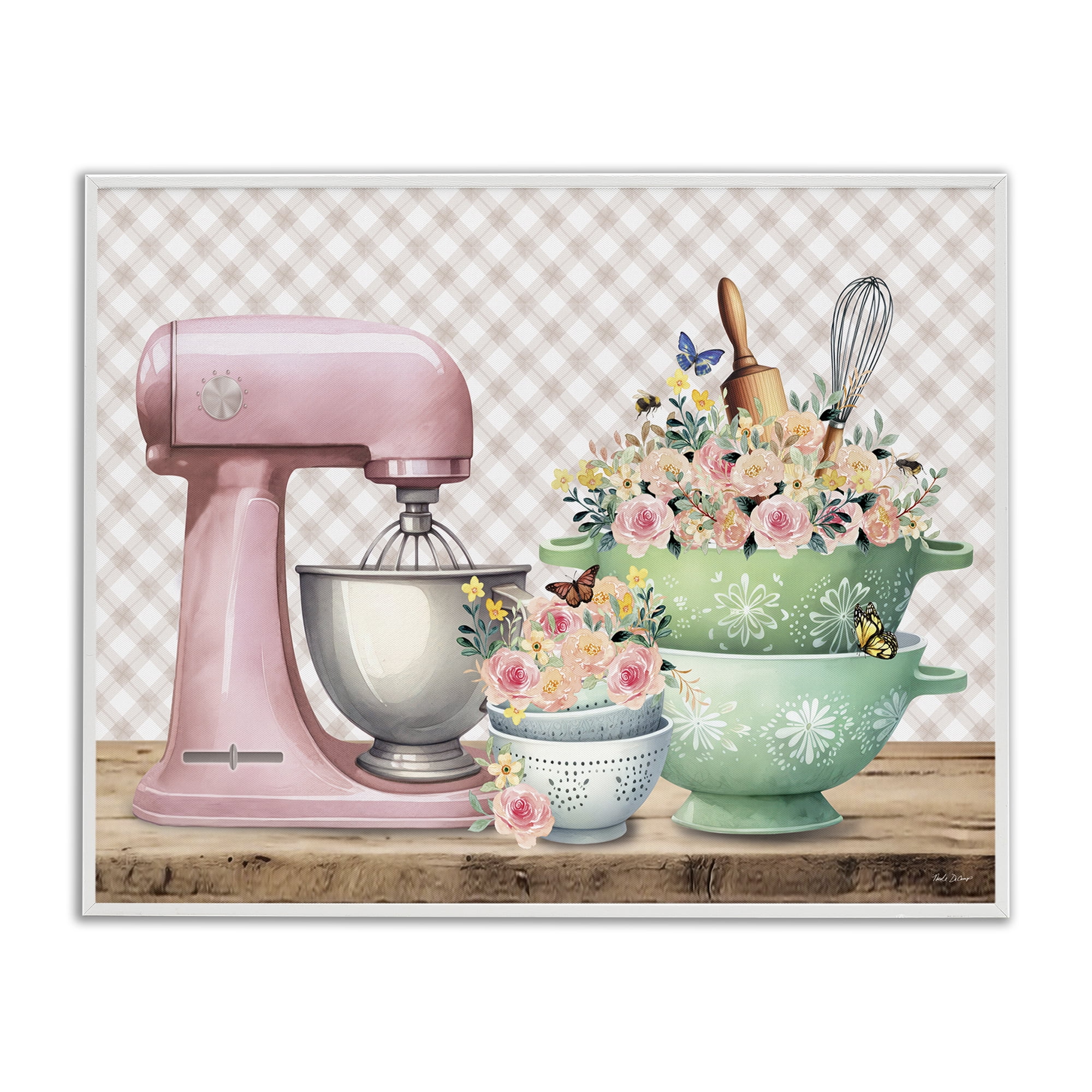 Stupell Industries Floral Gingham Kitchen Food & Beverage Painting White Framed Art Print Wall Art, 30 x 24
