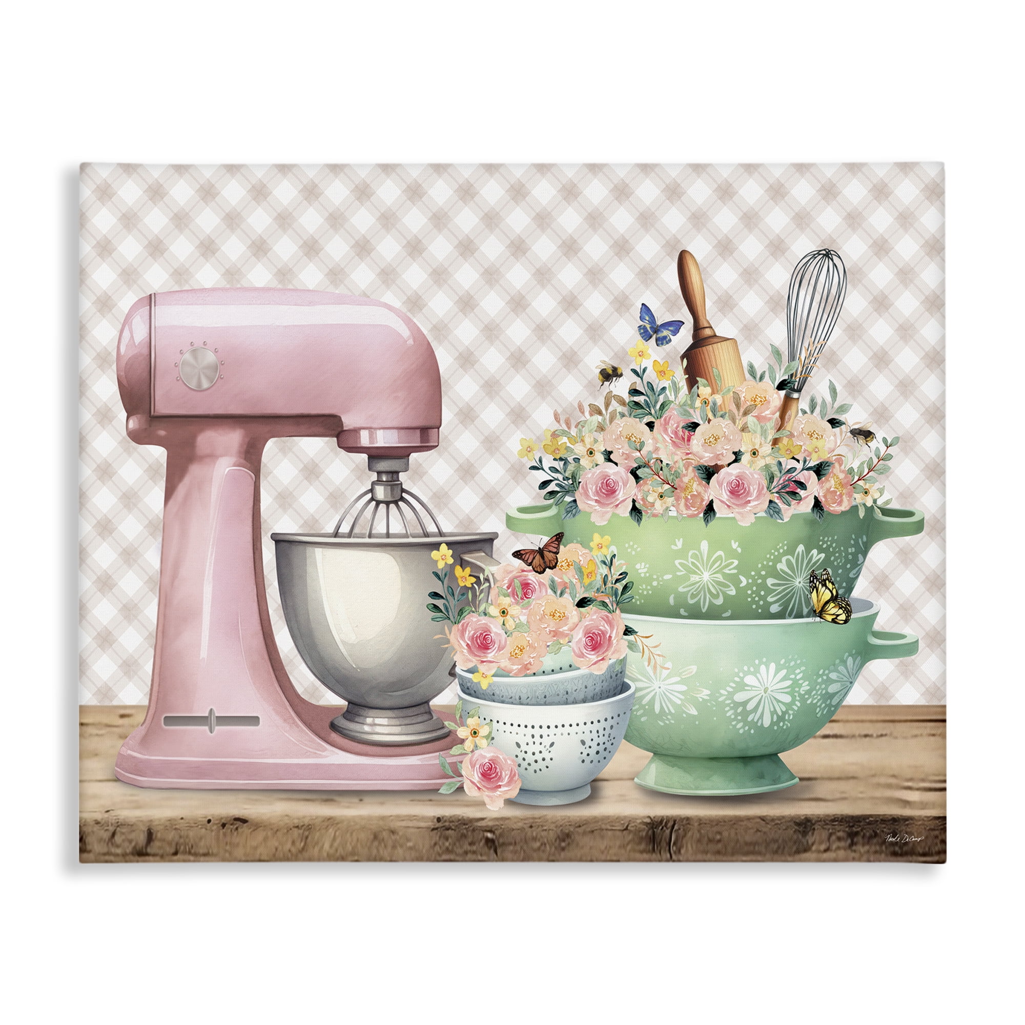 Stupell Industries Floral Gingham Kitchen Food & Beverage Painting Wrapped Canvas Art Print Wall Art, 20 x 16