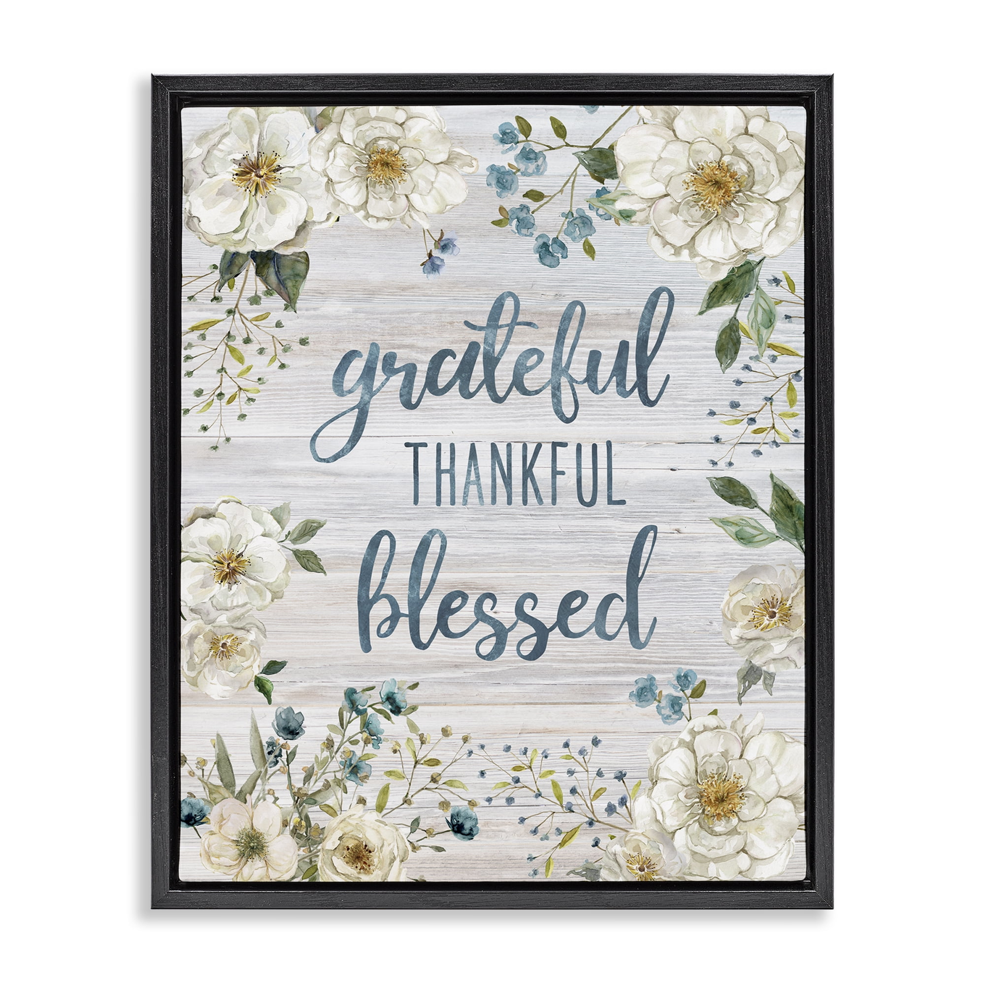 Stupell Industries Floral Gratitude Phrases Plants & Flowers Painting Black Floater Framed Canvas Art Print Wall Art, 25 x 31