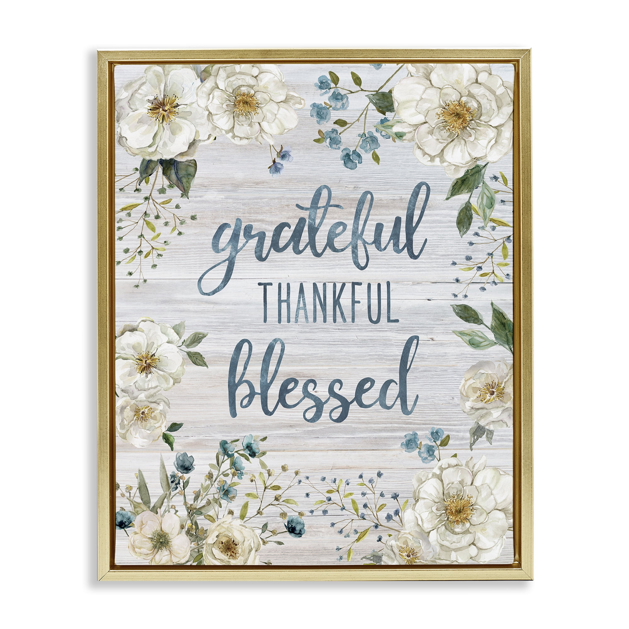 Stupell Industries Floral Gratitude Phrases Plants & Flowers Painting Gold Floater Framed Canvas Art Print Wall Art, 17 x 21