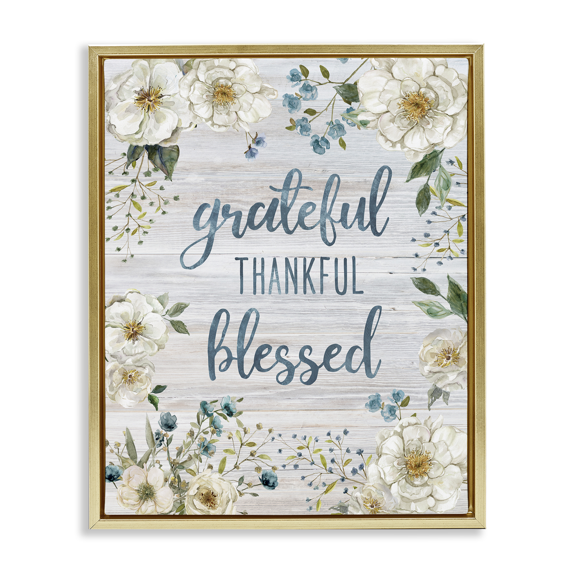Stupell Industries Floral Gratitude Phrases Plants & Flowers Painting Gold Floater Framed Canvas Art Print Wall Art, 25 x 31