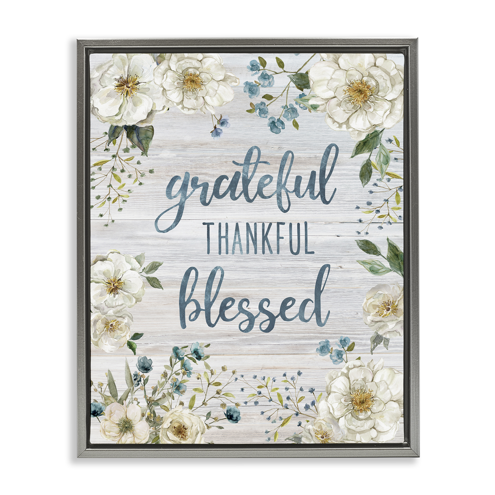 Stupell Industries Floral Gratitude Phrases Plants & Flowers Painting Gray Floater Framed Canvas Art Print Wall Art, 17 x 21