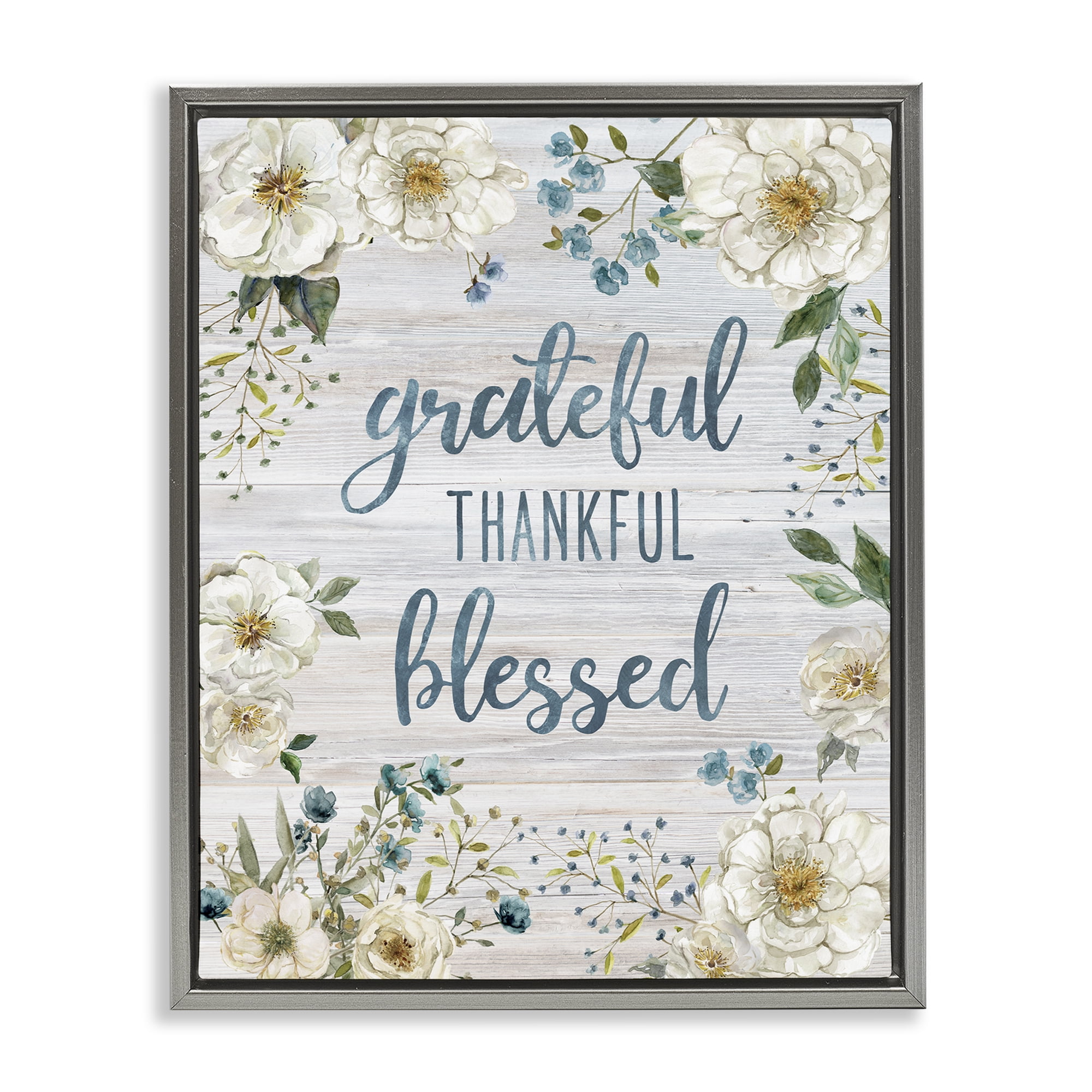 Stupell Industries Floral Gratitude Phrases Plants & Flowers Painting Gray Floater Framed Canvas Art Print Wall Art, 25 x 31
