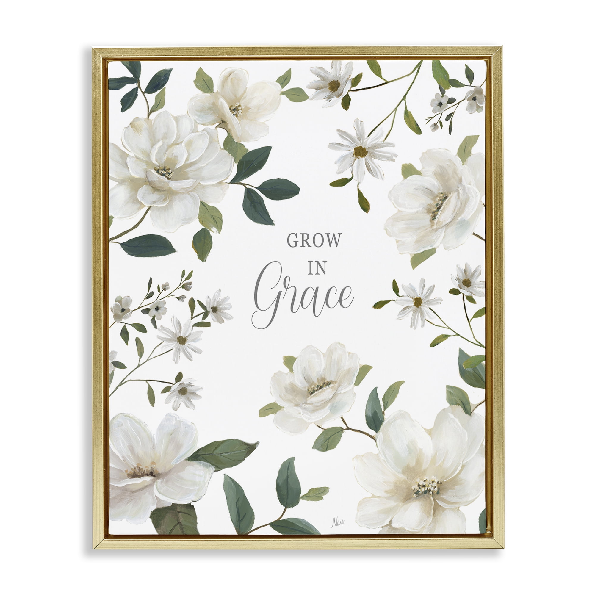 Stupell Industries Floral Grow In Grace Gold Framed Floater Canvas Wall Art, design by Nan