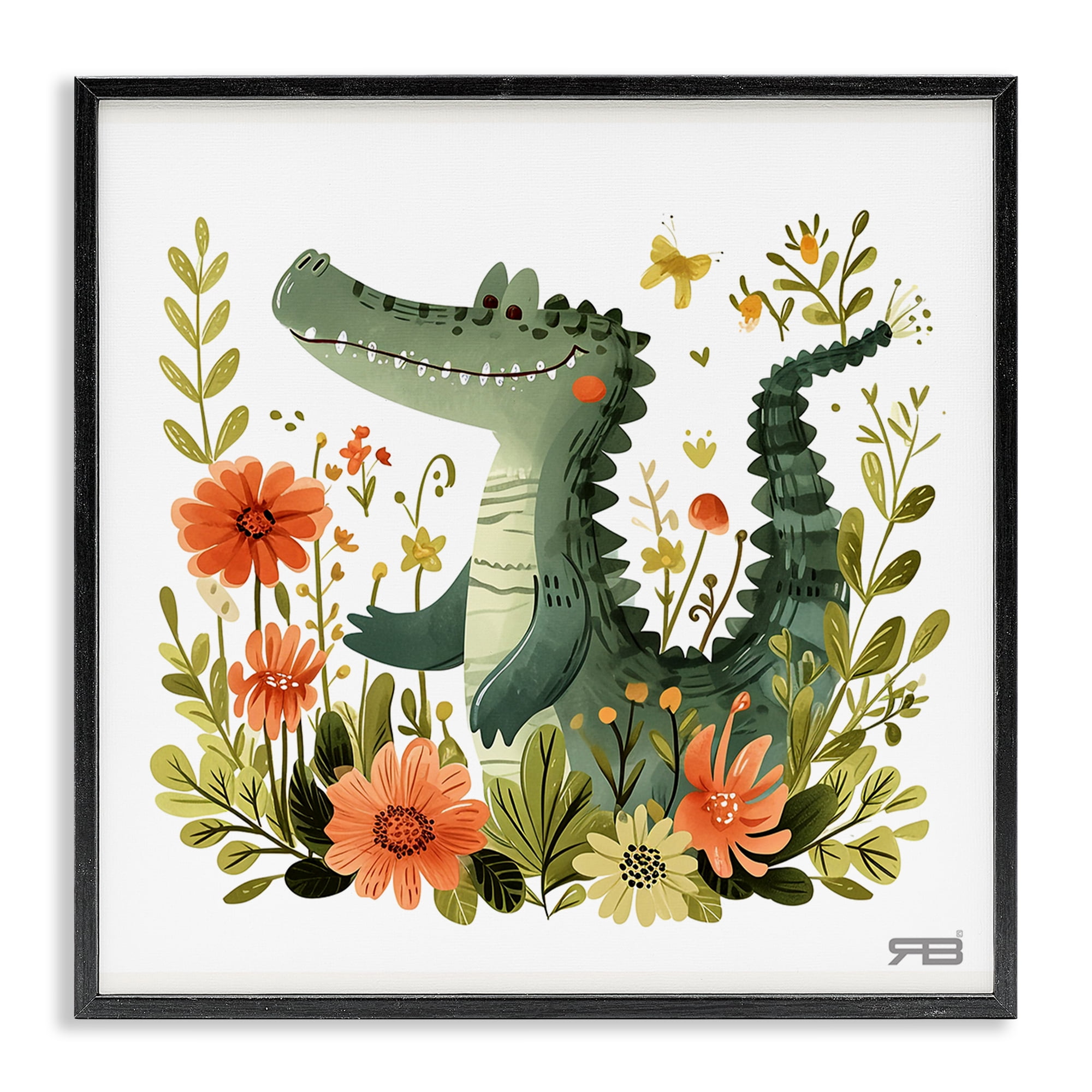 Stupell Industries Floral Happy Alligator Animals Painting Black Framed Art Print Wall Art, 17 x 17