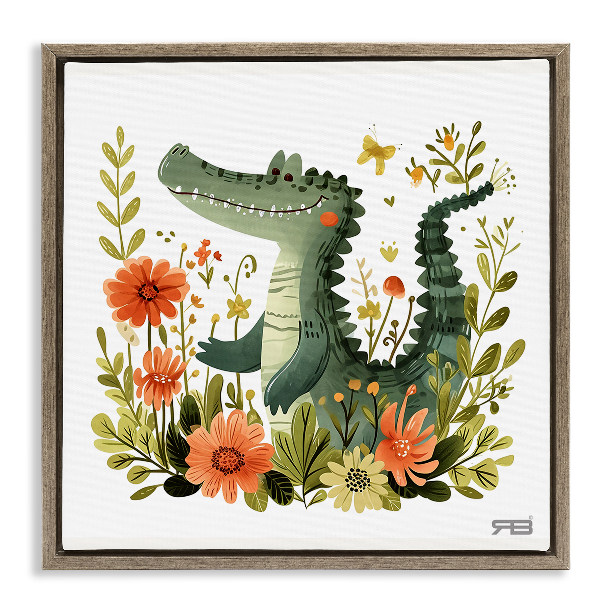 Stupell Industries Floral Happy Alligator Animals Painting Brown Floater Framed Canvas Art Print Wall Art, 18 x 18