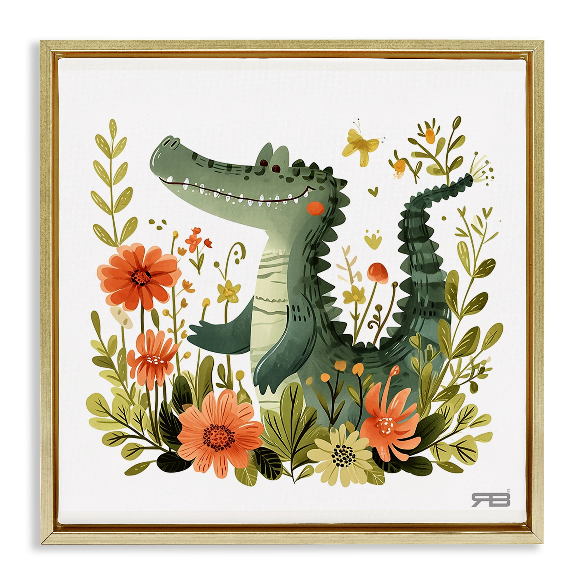 Stupell Industries Floral Happy Alligator Animals Painting Gold Floater Framed Canvas Art Print Wall Art, 25 x 25