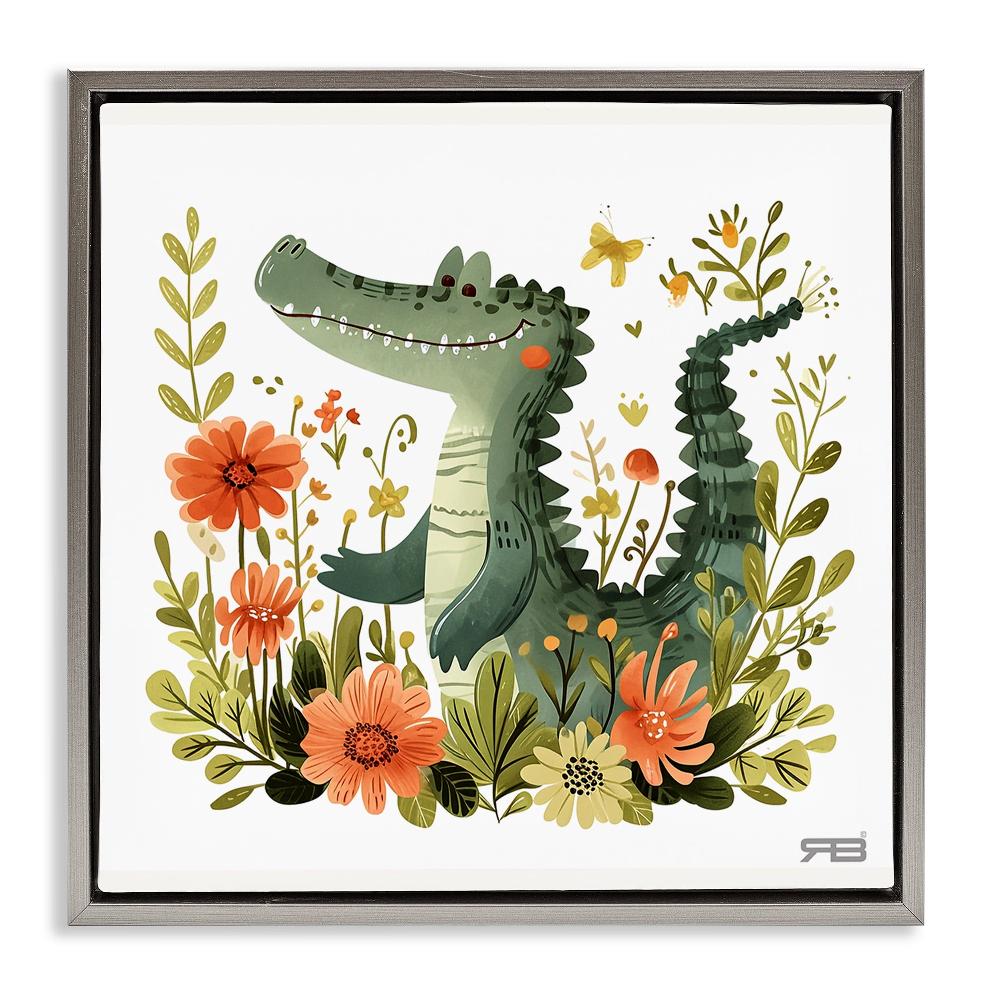 Stupell Industries Floral Happy Alligator Animals Painting Gray Floater Framed Canvas Art Print Wall Art, 18 x 18