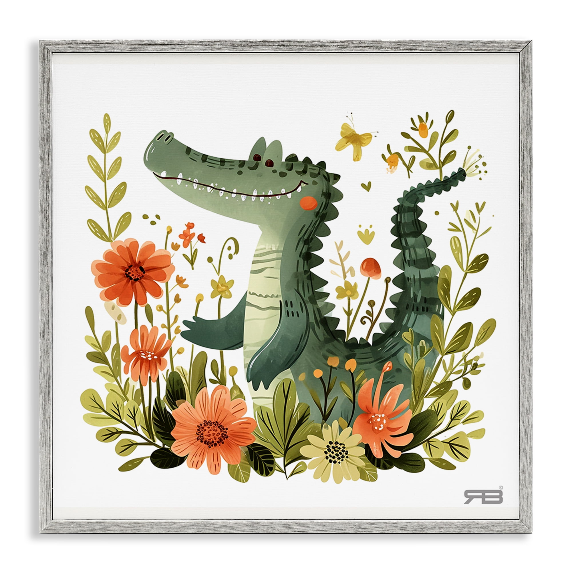 Stupell Industries Floral Happy Alligator Animals Painting Gray Framed Art Print Wall Art, 12 x 12
