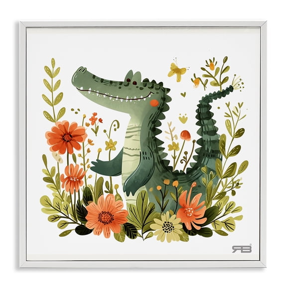 Stupell Industries Floral Happy Alligator Animals Painting White Framed Art Print Wall Art, 12 x 12