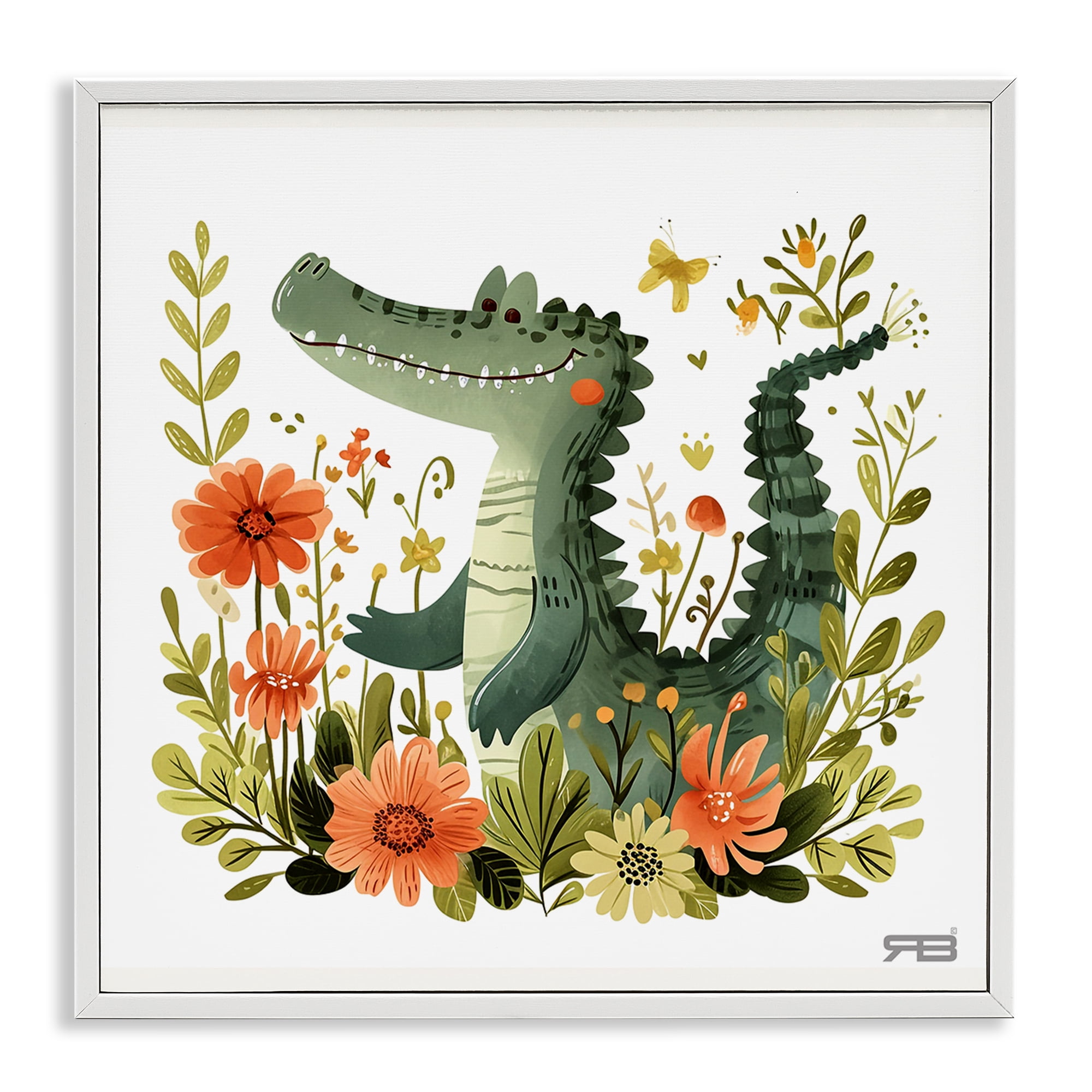 Stupell Industries Floral Happy Alligator Animals Painting White Framed Art Print Wall Art, 24 x 24