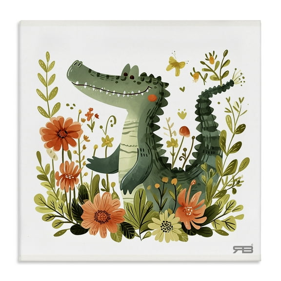 Stupell Industries Floral Happy Alligator Animals Painting Wrapped Canvas Art Print Wall Art, 17 x 17