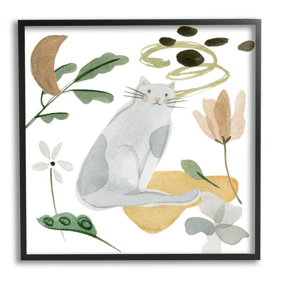 Stupell Industries Floral Happy Cat Botanicals Graphic Art Black Framed Art Print Wall Art, Design by Melissa Wang