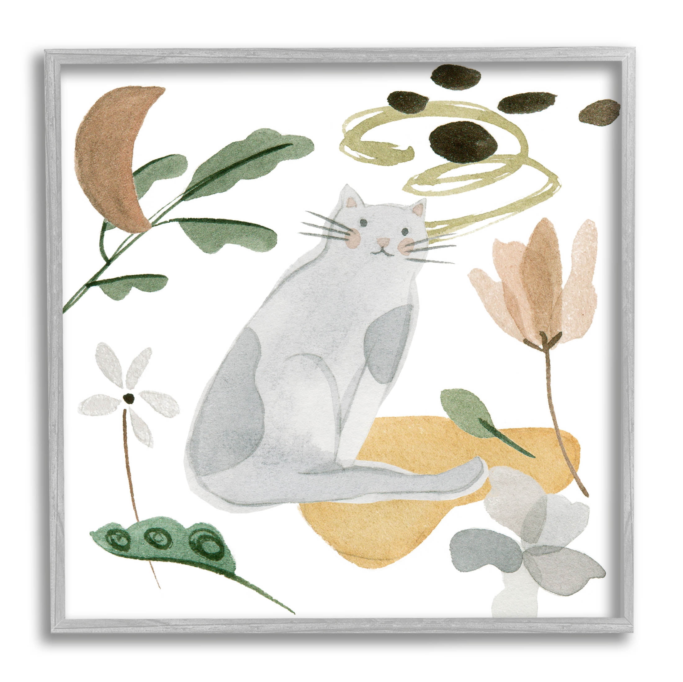 Stupell Industries Floral Happy Cat Botanicals Graphic Art Gray Framed Art Print Wall Art, Design by Melissa Wang