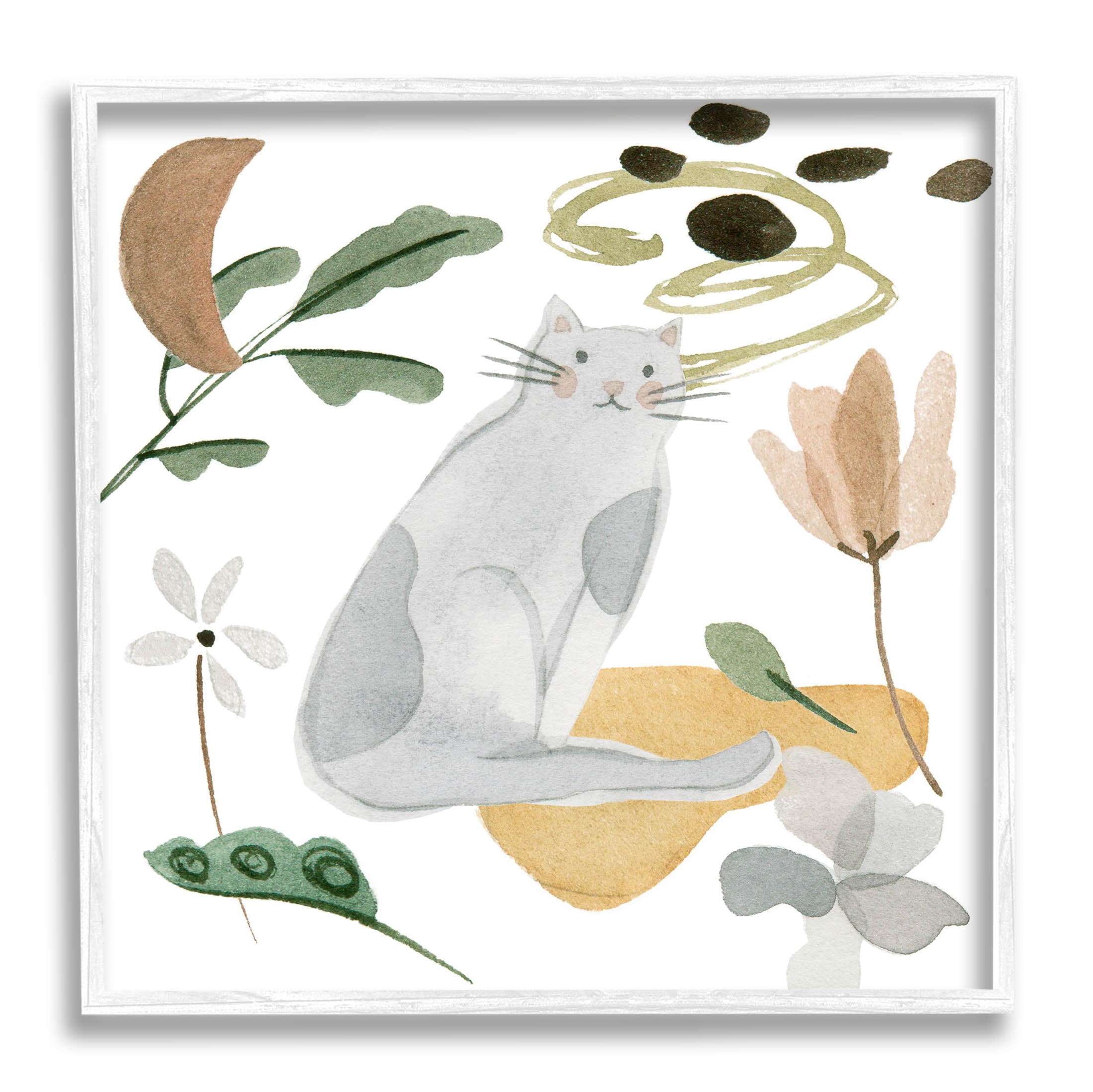 Stupell Industries Floral Happy Cat Botanicals Graphic Art White Framed Art Print Wall Art, Design by Melissa Wang