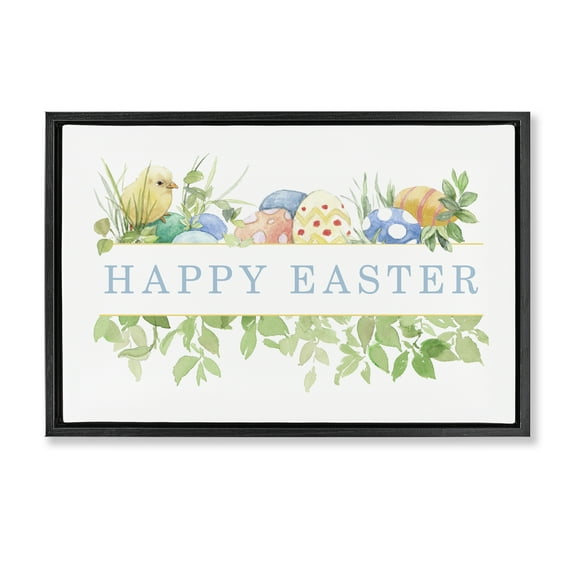 Stupell Industries Floral Happy Easter Holiday Painting Black Floater Framed Canvas Art Print Wall Art, 25 x 17
