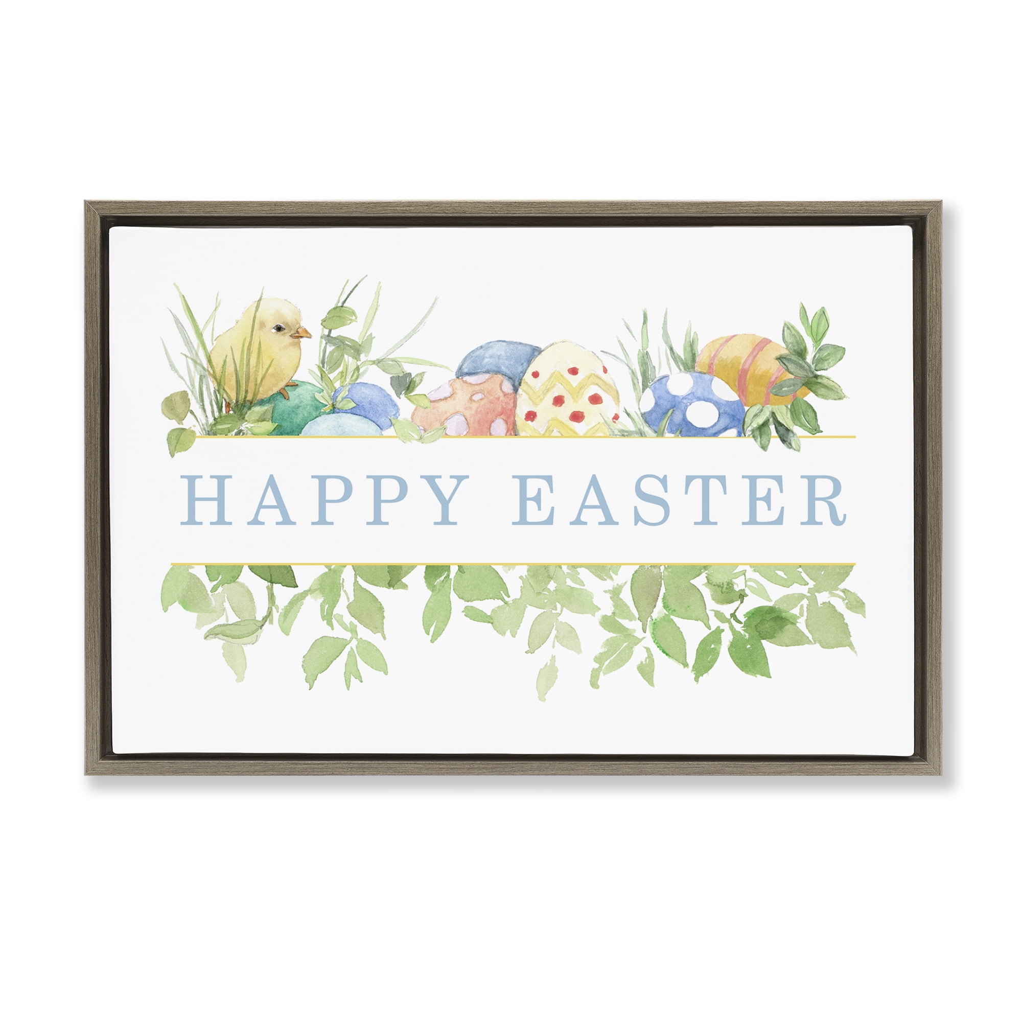 Stupell Industries Floral Happy Easter Holiday Painting Brown Floater Framed Canvas Art Print Wall Art, 25 x 17