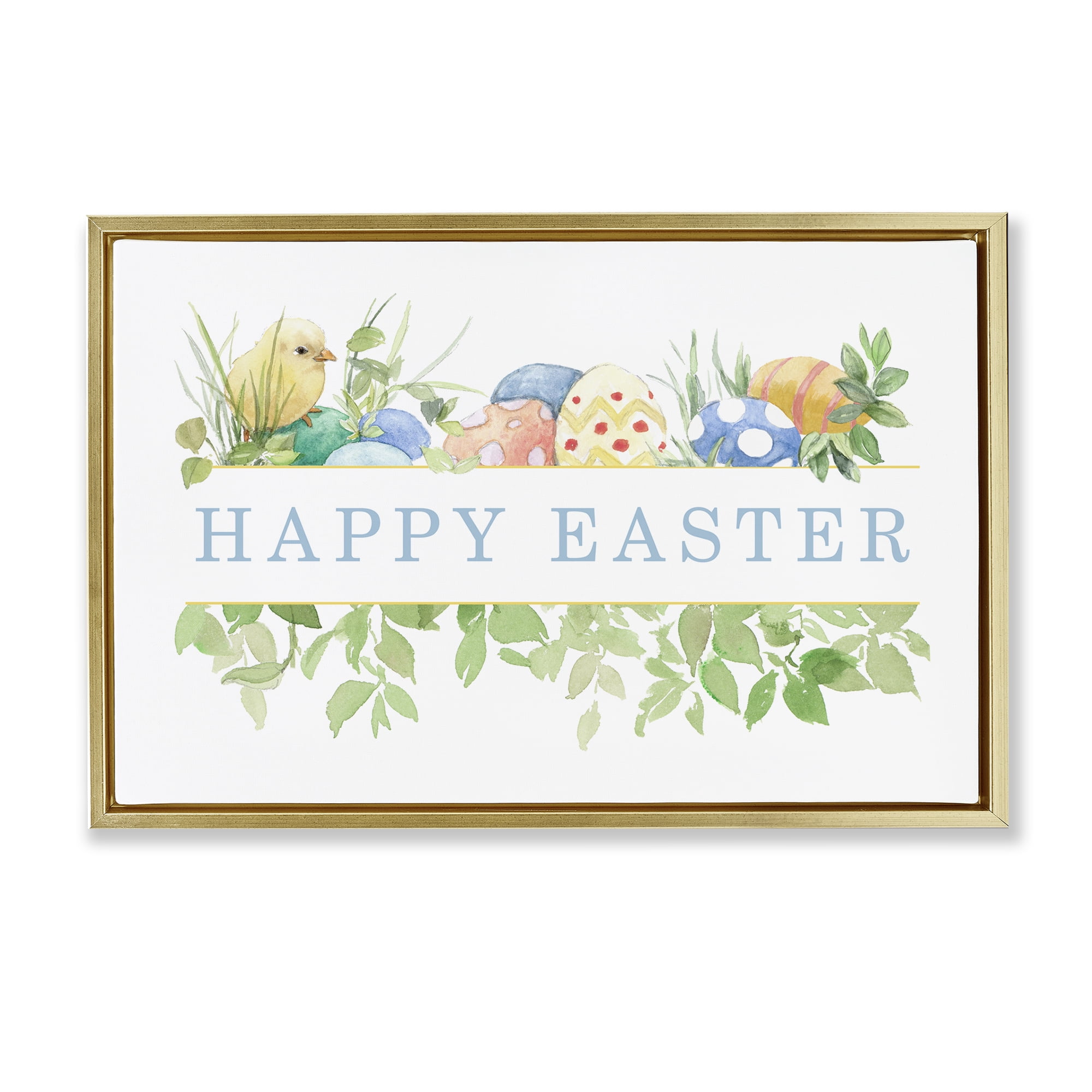 Stupell Industries Floral Happy Easter Holiday Painting Gold Floater Framed Canvas Art Print Wall Art, 25 x 17