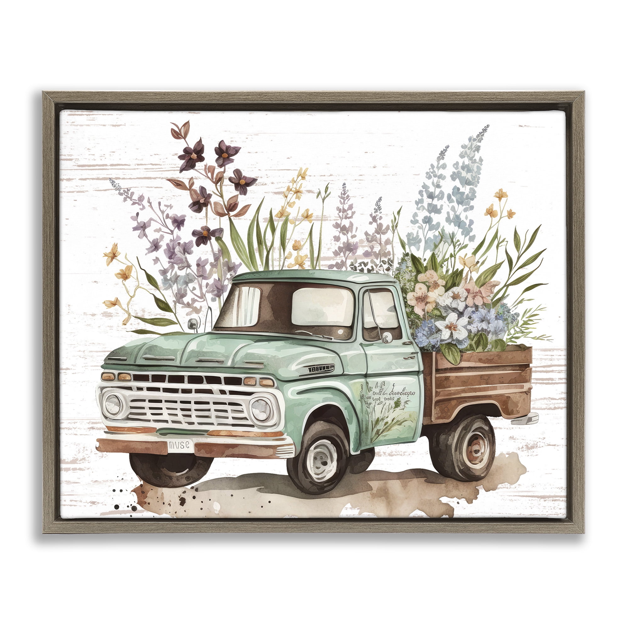Stupell Industries Floral Herb Truck Transportation Painting Brown Floater Framed Canvas Art Print Wall Art, 31 x 25
