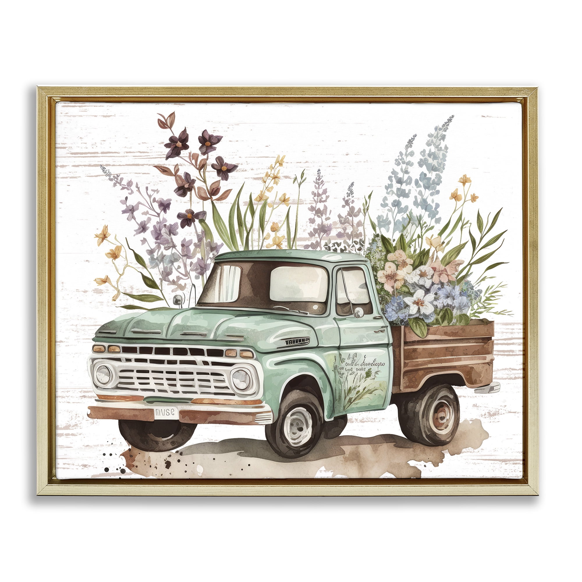 Stupell Industries Floral Herb Truck Transportation Painting Gold Floater Framed Canvas Art Print Wall Art, 21 x 17