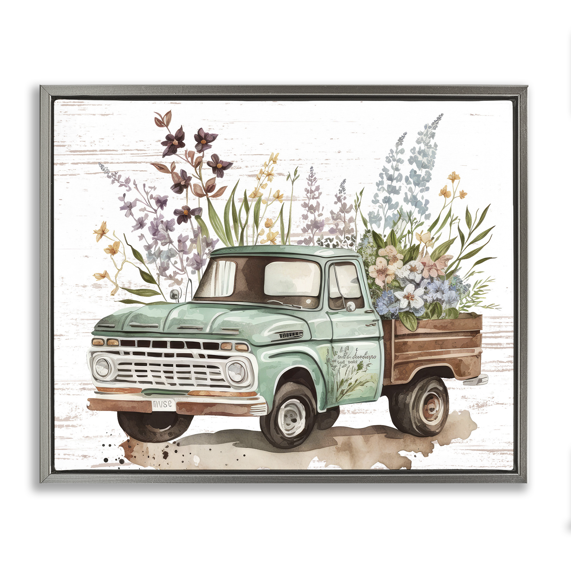 Stupell Industries Floral Herb Truck Transportation Painting Gray Floater Framed Canvas Art Print Wall Art, 31 x 25