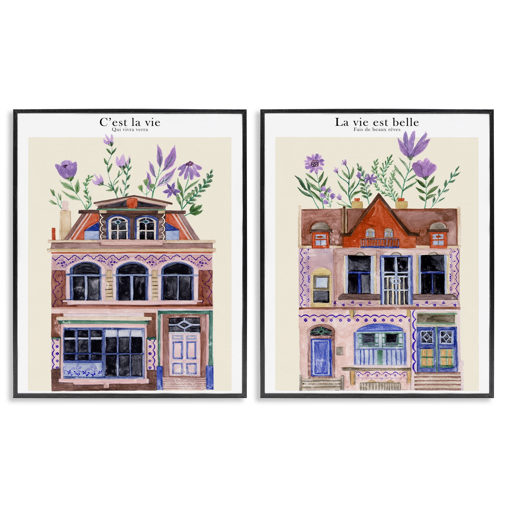 Stupell Industries Floral Houses Architecture Scenic & Cityscapes Painting Black Framed Art Print Wall Art, 16 x 20, Set of 2