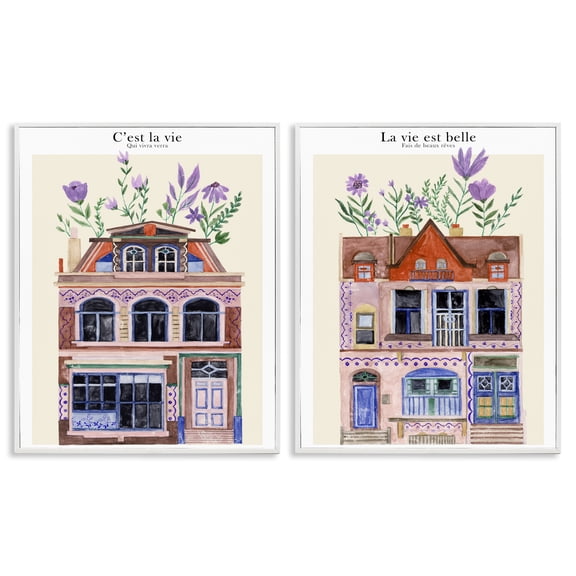Stupell Industries Floral Houses Architecture Scenic & Cityscapes Painting White Framed Art Print Wall Art, 11 x 14, Set of 2