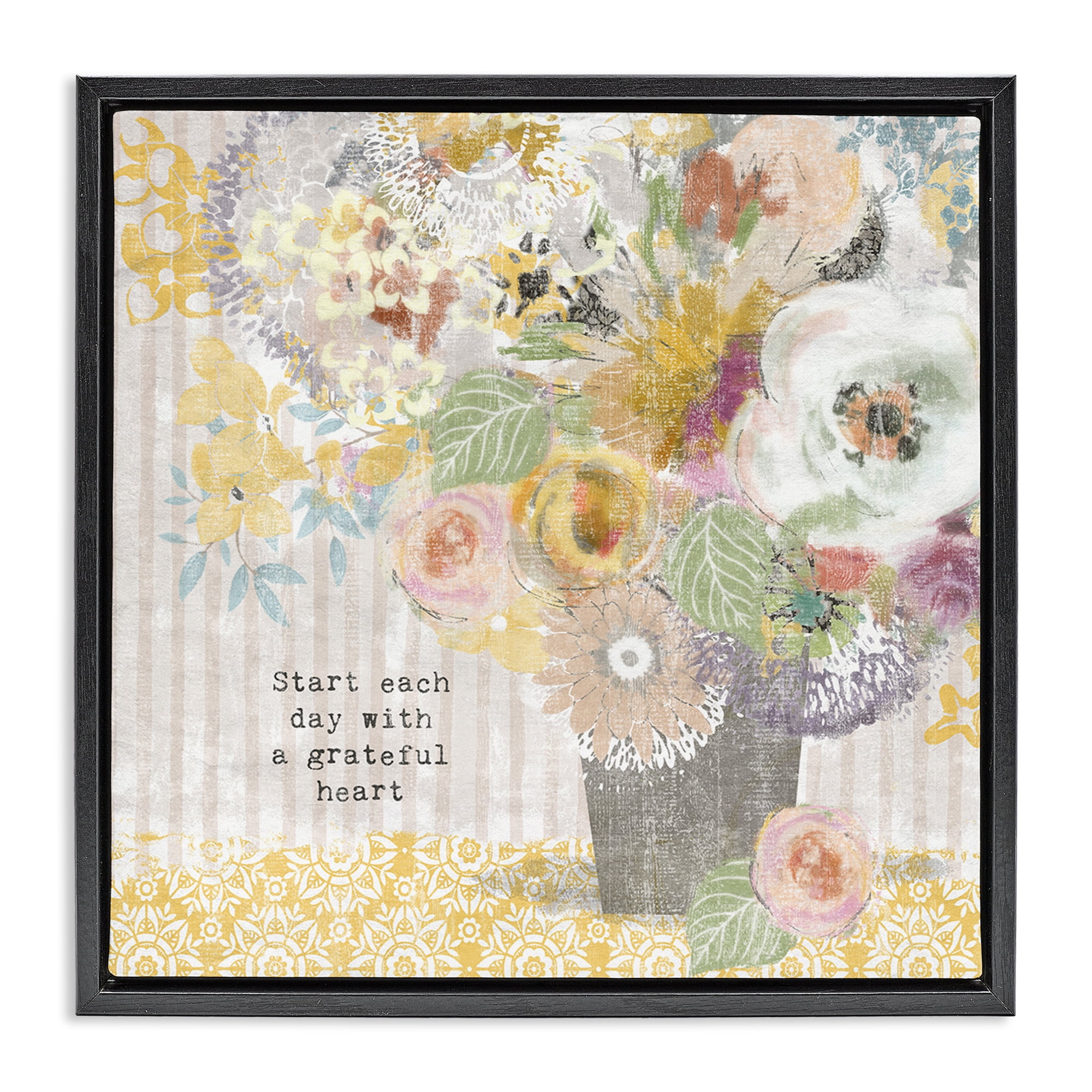 Stupell Industries Floral Inspirations Grateful Heart Black Framed Floater Canvas Wall Art, design by Suzanne Nicoll