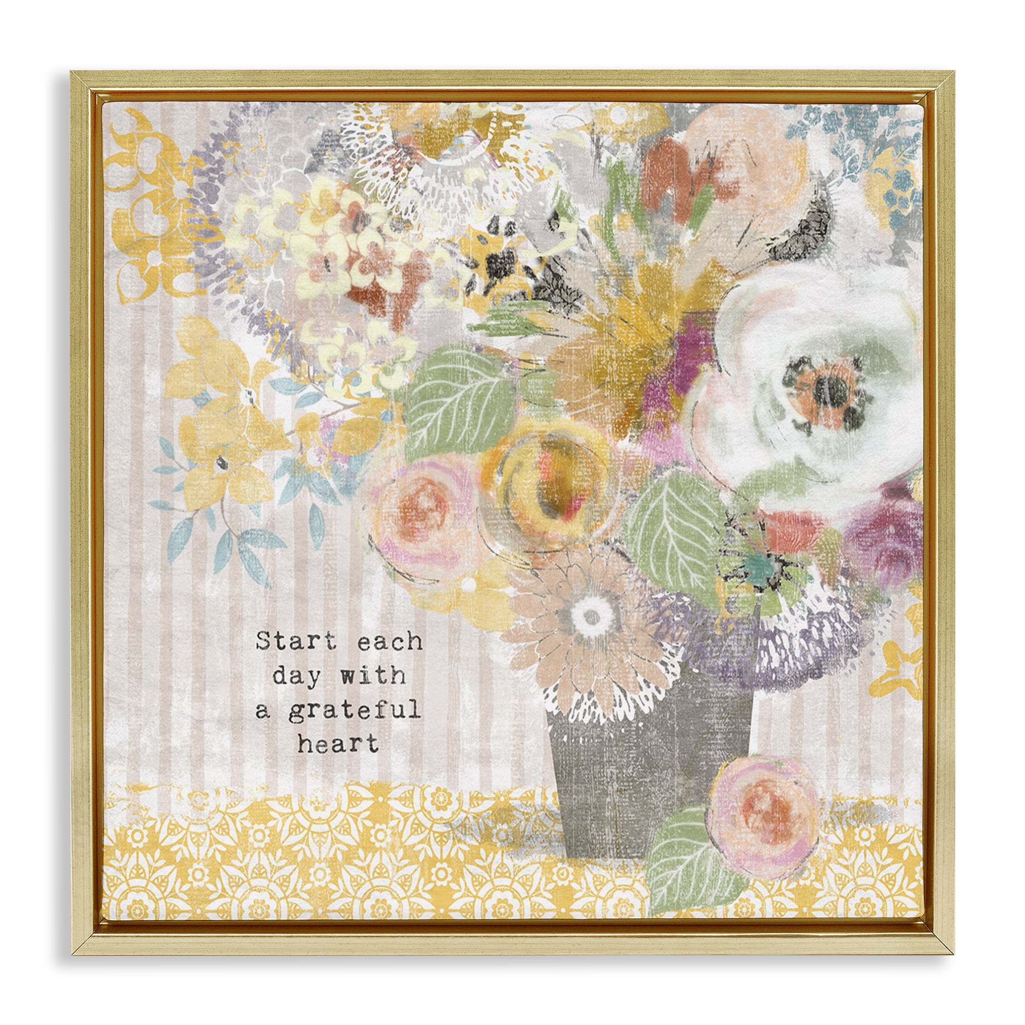 Stupell Industries Floral Inspirations Grateful Heart Gold Framed Floater Canvas Wall Art, design by Suzanne Nicoll