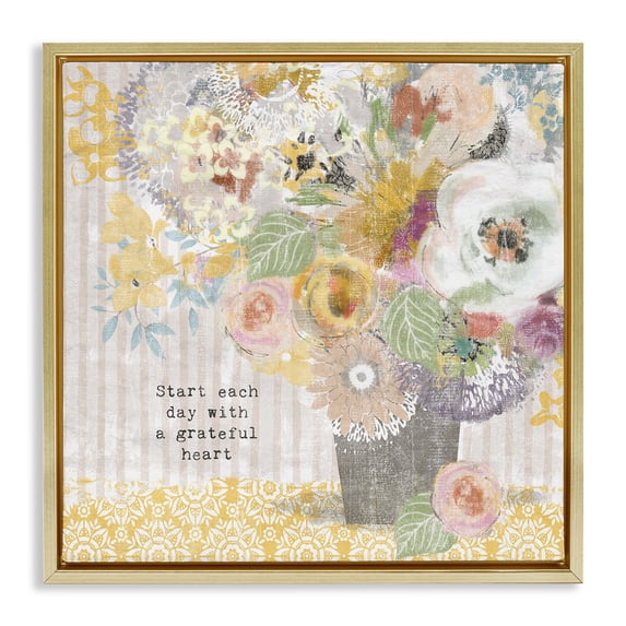 Stupell Industries Shabby Chic Floral Inspirations Grateful Heart Gold Floating Frame Canvas Art, 25 x 25, by Suzanne Nicoll