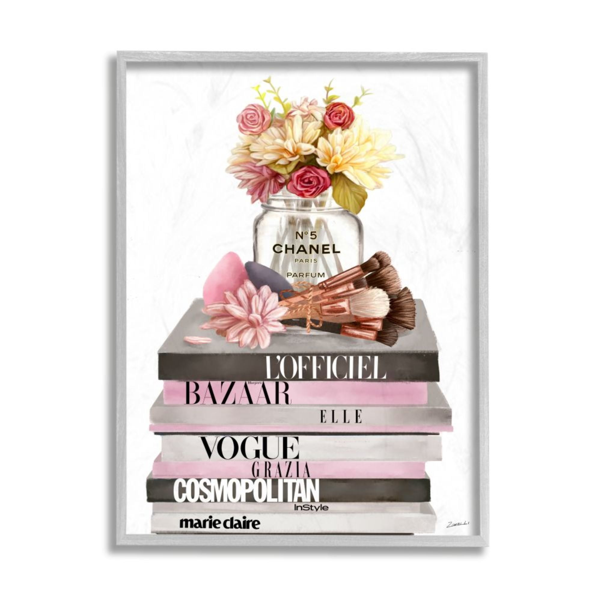 Stupell Industries Floral Jar and Brushes Glam Fashion Book Pile Design by Ziwei Li