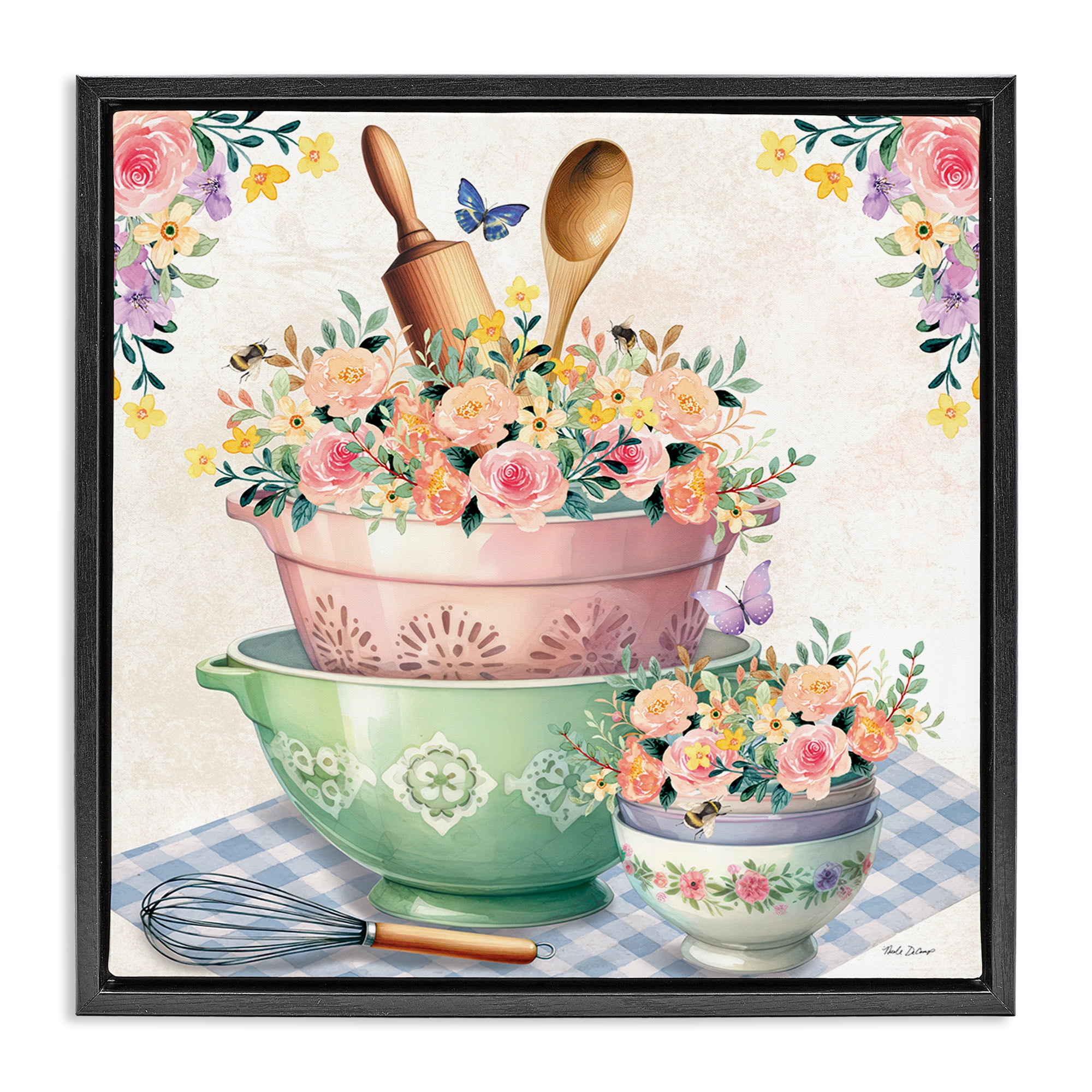 Stupell Industries Floral Kitchen Bowls Stack Food & Beverage Painting Black Floater Framed Canvas Art Print Wall Art, 25 x 25
