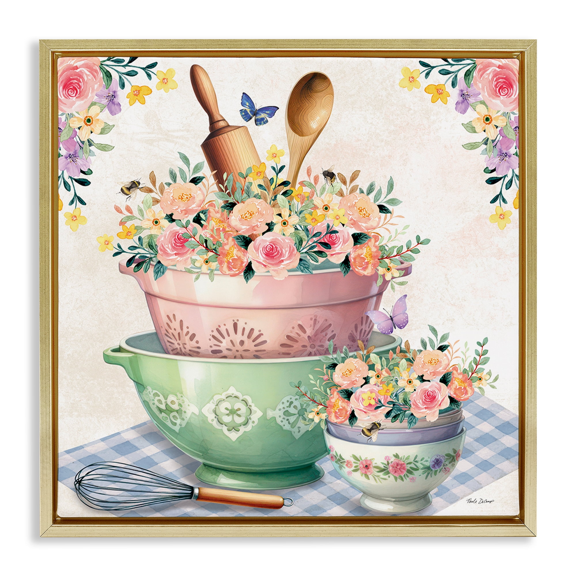 Stupell Industries Floral Kitchen Bowls Stack Food & Beverage Painting Gold Floater Framed Canvas Art Print Wall Art, 18 x 18