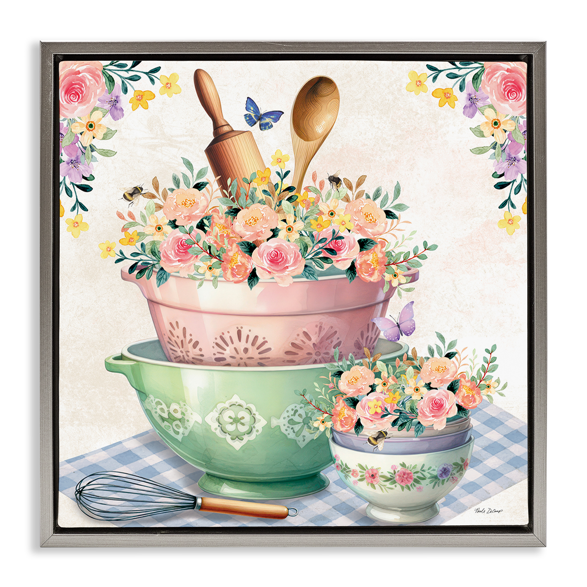 Stupell Industries Floral Kitchen Bowls Stack Food & Beverage Painting Gray Floater Framed Canvas Art Print Wall Art, 18 x 18