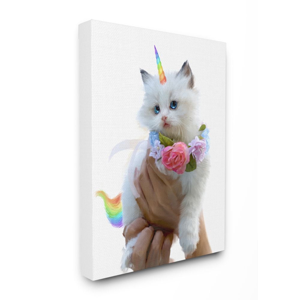 Stupell Industries Floral Kitten Fantasy Feline Rainbow Horn and Tail Canvas Wall Art Design by Ziwei Li