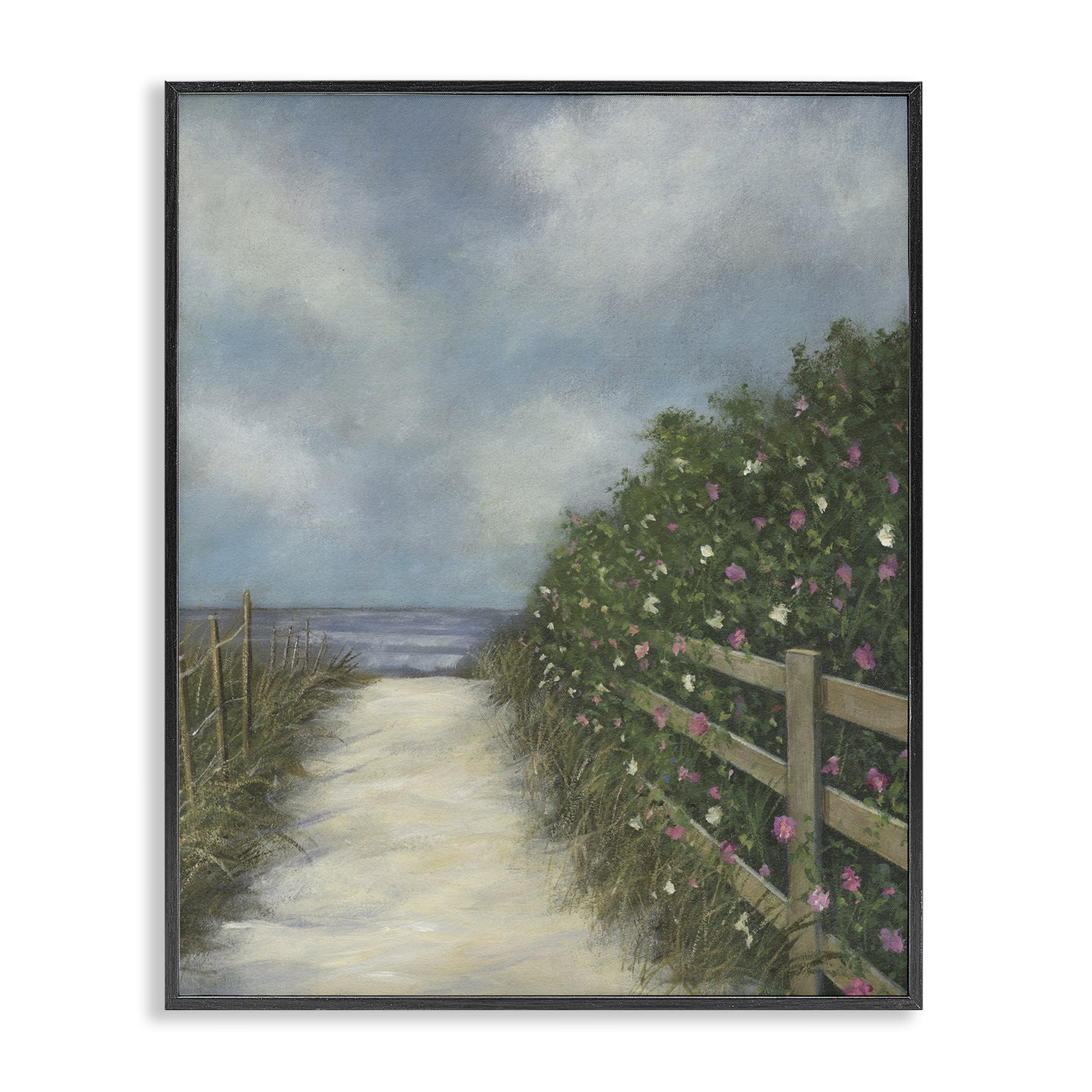 Stupell Industries Floral Lined Beach Path Landscape Painting Black Framed Art Print Wall Art, 24 x 30